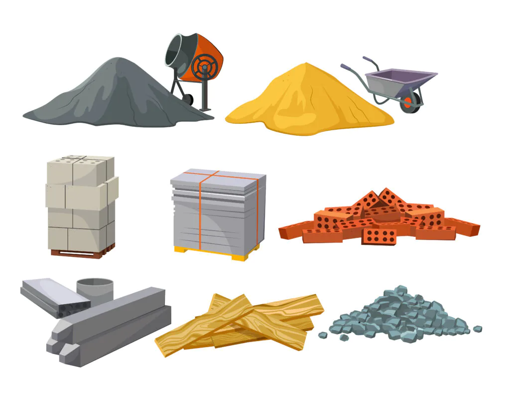 Conjunto de pilhas de material de construção. Tijolos, areia, tábuas de madeira, betoneira. Conceito de construção. Ilustrações vetoriais podem ser usadas para canteiros de obras, obras, indústria